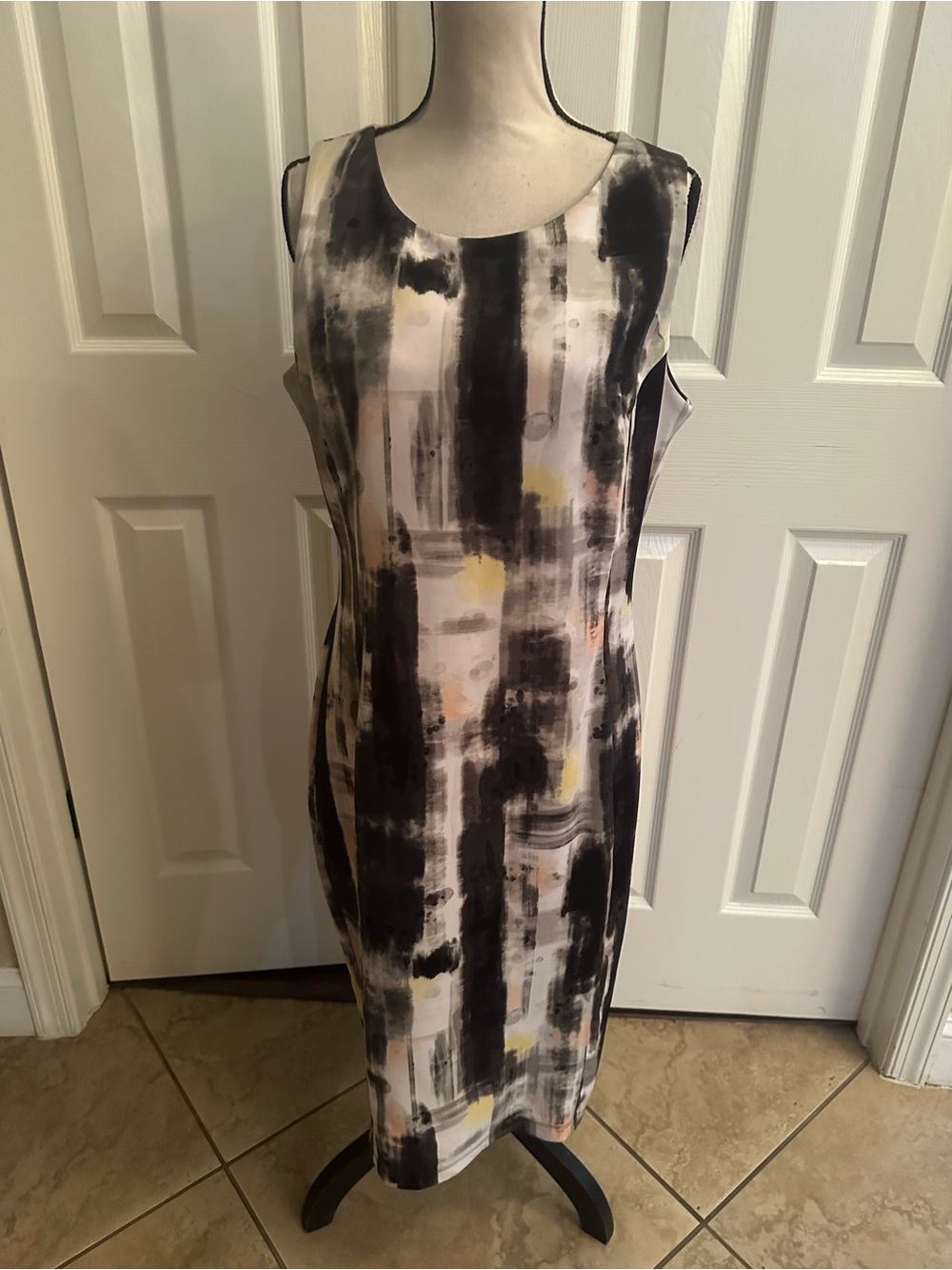 Abstract Print Sleeveless Sheath Dress -Black, White Yellow & Pink in Ponte Knit